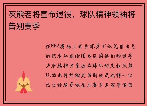 灰熊老将宣布退役，球队精神领袖将告别赛季